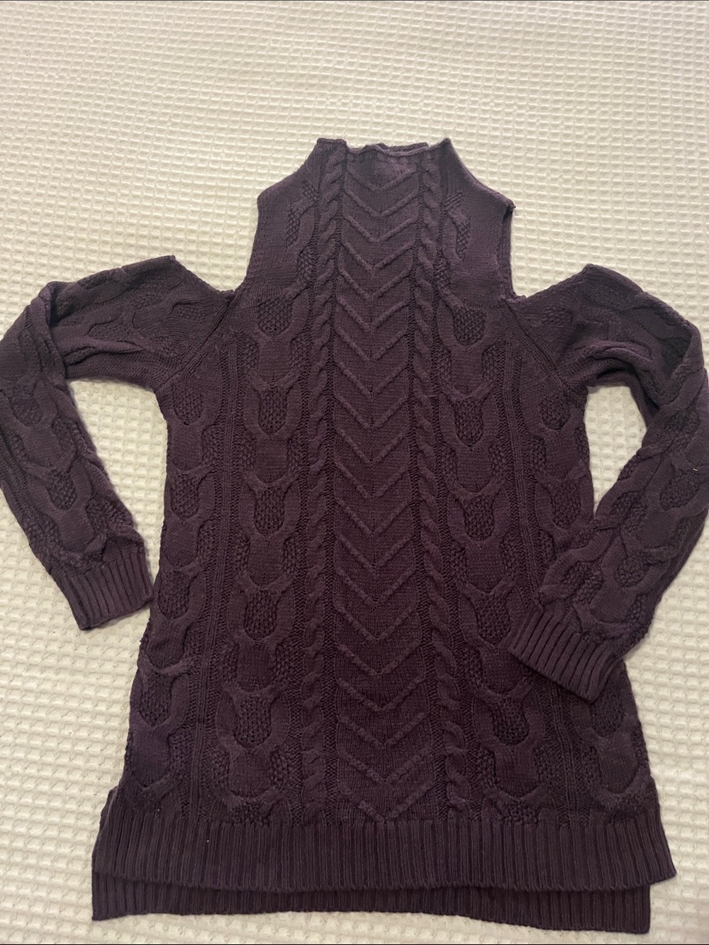 New York & Company Plum Cable-Knit Cold-Shoulder Sweater